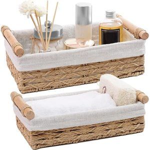 Set OF 2 Beige Rope Wicker Storage Baskets with Handles Decorative Storage Bins